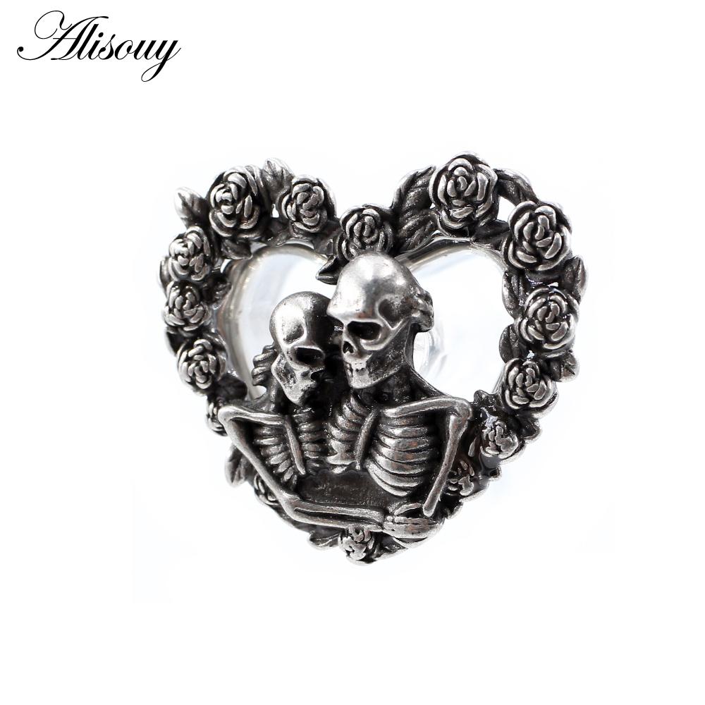 Alisouy 2PCS Retro Stainless Steel Skull Rose Flower Heart Ear Plugs Tunnels Expander Stretchers Gauges Piercing Body Jewelry