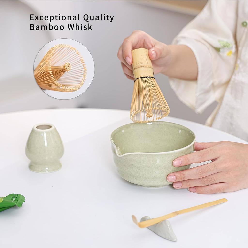 Matcha Set Match Bowl with Spout and Matcha Whisk Holder Whisk Tea Set Includes and Bamboo Scoop Ceramic 17 OZ - 4pc Perfect Matcha Kit for Matcha