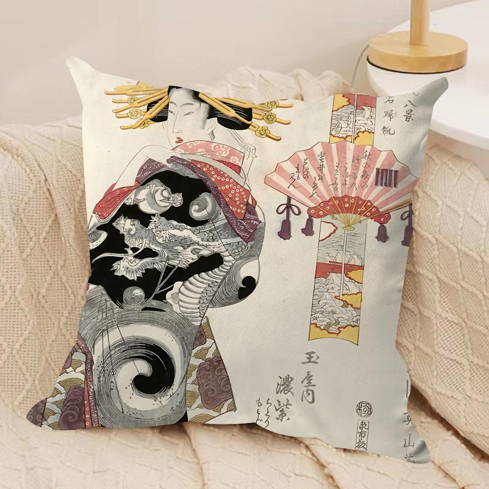 Retro Japanese Geisha Cushion Cover Silky Short Plush Invisible Zipper Dustproof Sofa Pillow Case For Home Decor