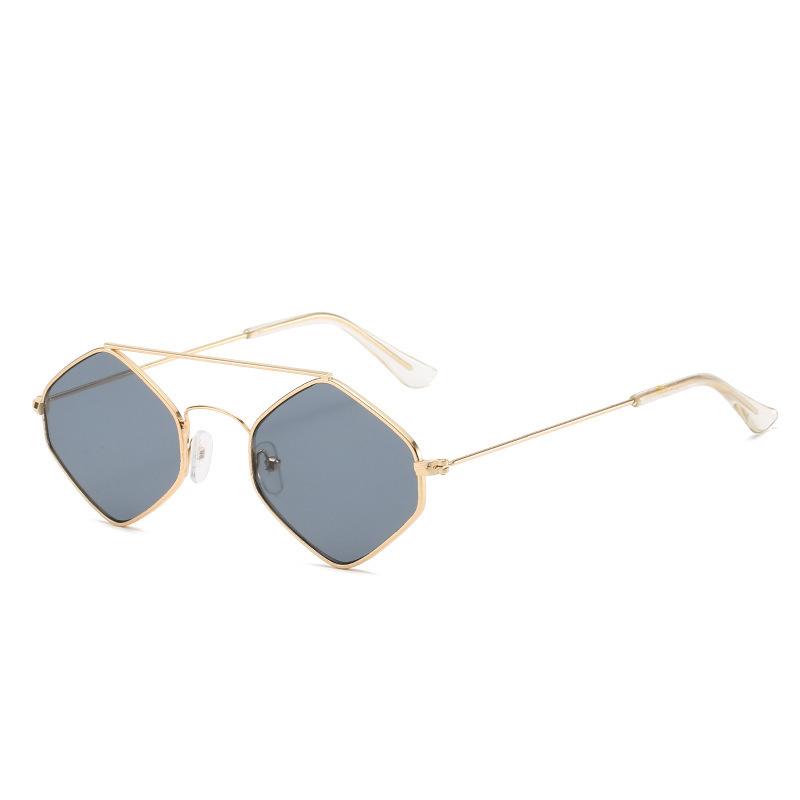 Polarize olmayan Vintage Erkek Metal Çerçeve Düzensiz Güneş Gözlüğü Dikdörtgen Çerçeve Moda Gözlükleri Çift Kirişli Poligonal Güneş Gözlüğü