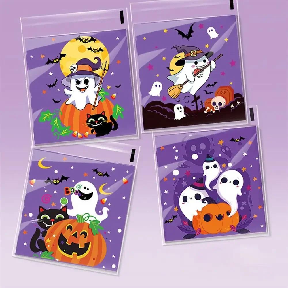 100PCS Mixed Pattern Halloween Candy Bags 10*10cm+3cm OPP Sugar Cookies Bag Self-sealing Transparent Cellophane