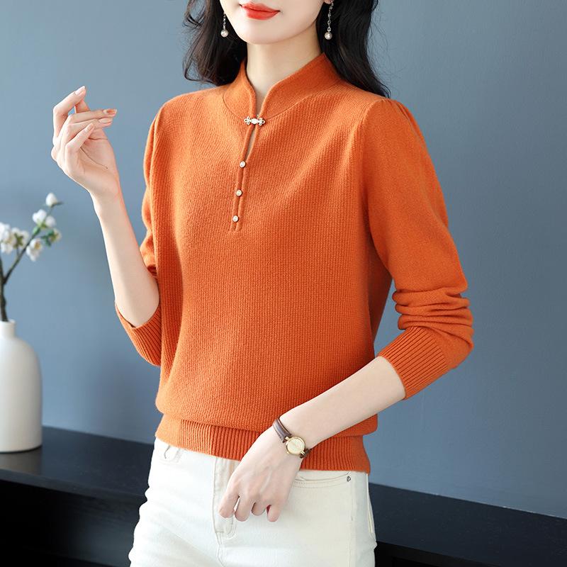 Women's Pure Wool Stand Collar Sweater - Autumn/Winter Loose Slimming Knit Cheongsam Base Layer