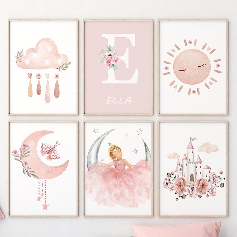 Rosa Engel Mädchen Sonne Mond Wolke Schwan Schloss Wandkunst Kinderzimmer Leinwand Malerei Nordische Poster Drucke Bilder Baby Kinderzimmer Dekor