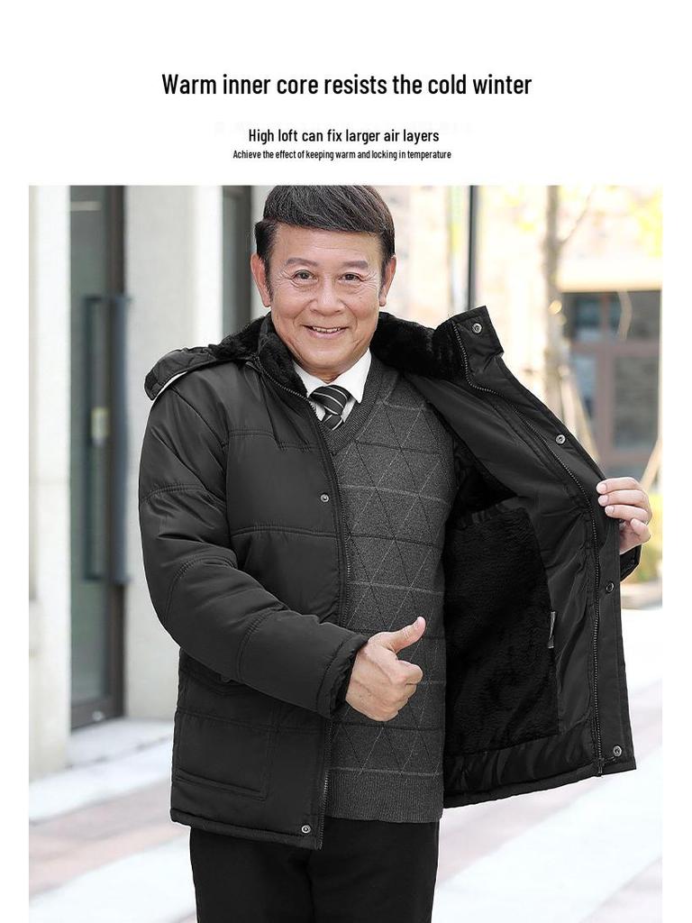 Men's Winter Down Cotton Jacket with Detachable Hood - Thick, Velvet-Lined, for Middle-Aged & Elderly, European Size.