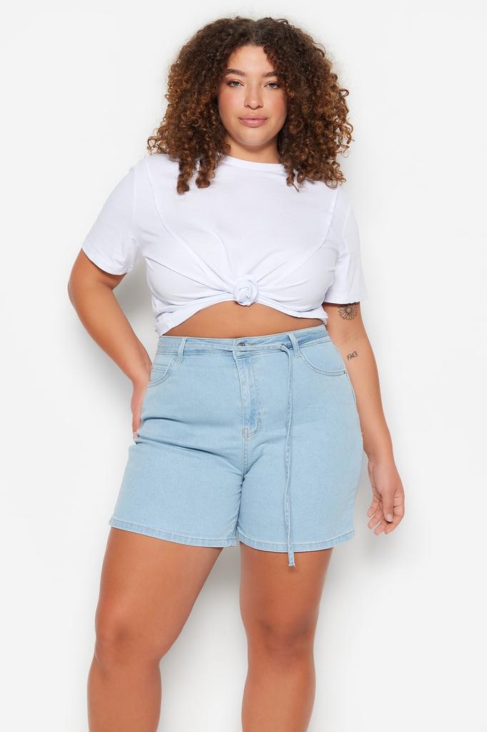 Damen Übergröße Mode Hellblaue High Waist Straight Fit Denim Shorts
