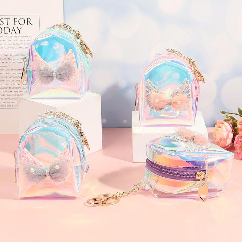 Pvc Transparent Coin Purse With Laser Butterfly Bow Waterproof Keychain For Girls