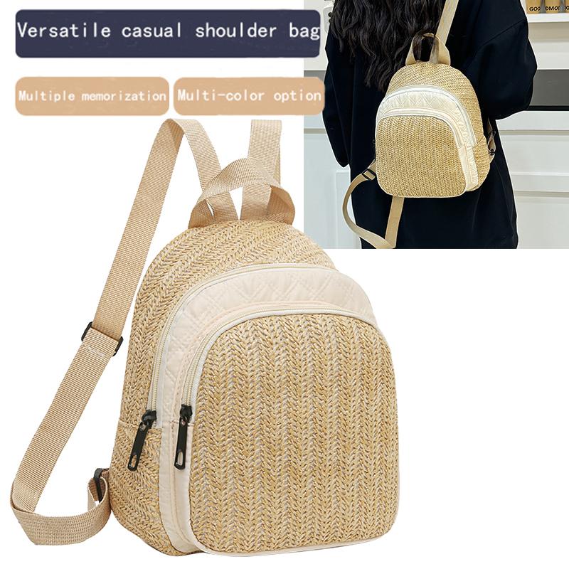 Unisex men's and women's double-shoulder backpack, fashiable and artistic summer straw woven versatile casual backpack