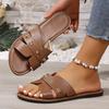 Unique Women's Flat Slippers - Casual Open Toe, Artificial Cover, Gold Buckle Strap, Comfortable Rubber Sole - Multifunctional All Season Shoes
