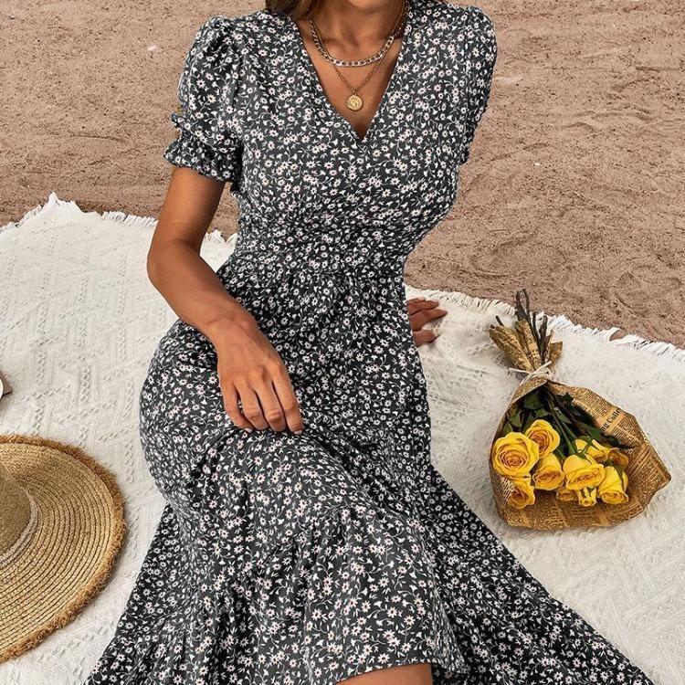 Women Summer Floral Print Long Dress High Waist V Neck Ruffled Short Sleeve Maxi Dress Lightweight Breathable Work Vacation Dress