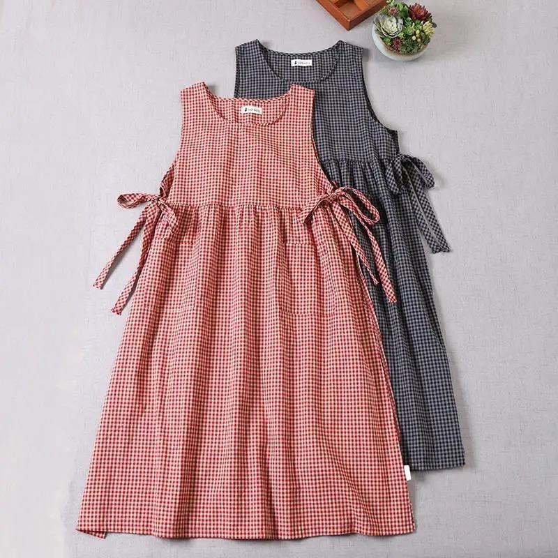 Summer Women Fashion Plaid Sleeveless Long Dress O Neck Casual Dresses Ladies Loose Pockets A Line Vestidos