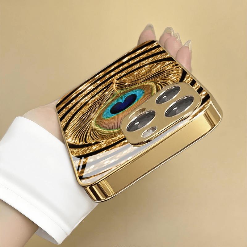 Luxury Peacock Feather Pattern Gold Metallic Paint Glass Phone Case For iPhone 17 16 15 14 13 12 11 Pro Max Plus 17Air 16E Cover