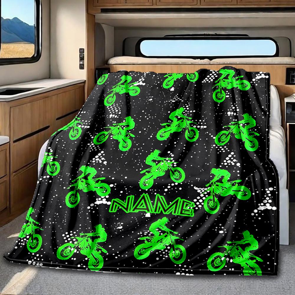 Green Dirt Bike Riders On Black Background Design Blanketcustomizable With Your Namecomfortable And Stylish Perfect For Travel Beds Chairs Offices