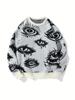 Men's Trendy Dark Style Eye Pattern Knit Sweater - European/American Streetwear, Autumn/Winter Collection