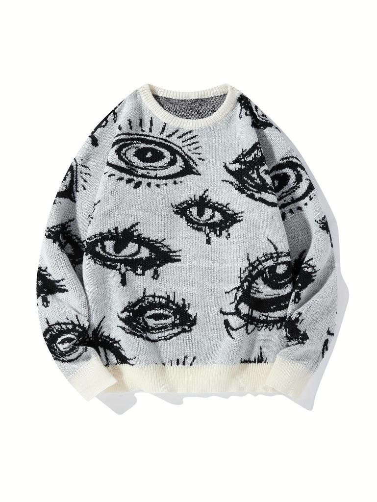 Men's Trendy Dark Style Eye Pattern Knit Sweater - European/American Streetwear, Autumn/Winter Collection