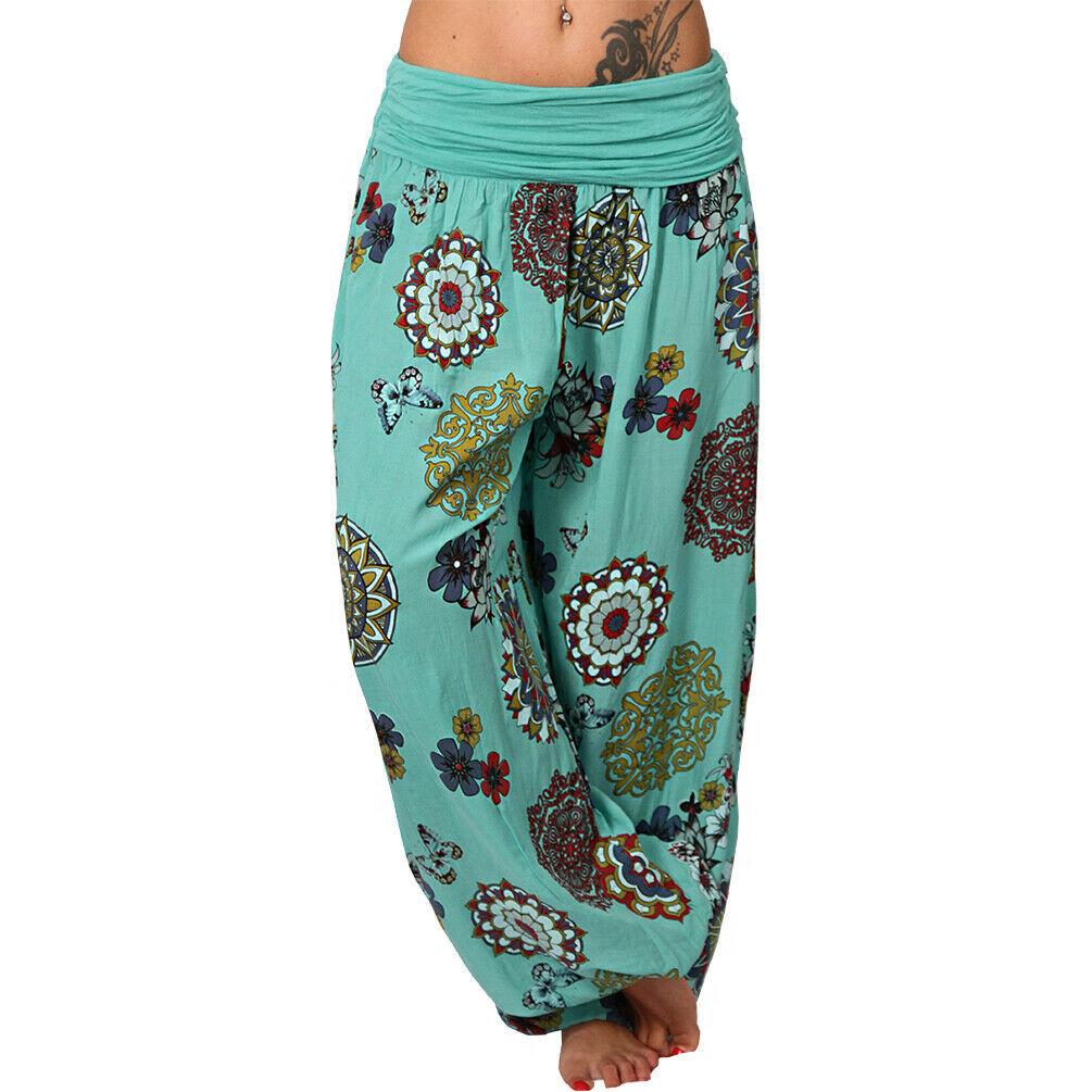Women's High Waist Printed Harem Pants Loose Wide Leg Long Trousers Elastic Fold Waist Casual Bohemian Digital Print Baggy Pants