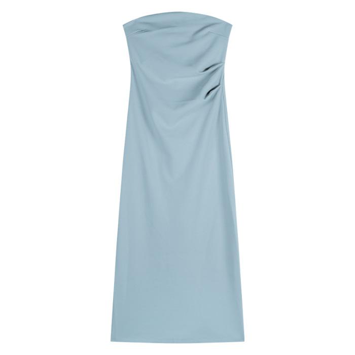 

Sweet Spice Girl One-word Shoulder Tub Top Dress Women s Summer Pure Desire Bottom Inner Skirt Elastic Split Hip Wrap Long Dress S синий