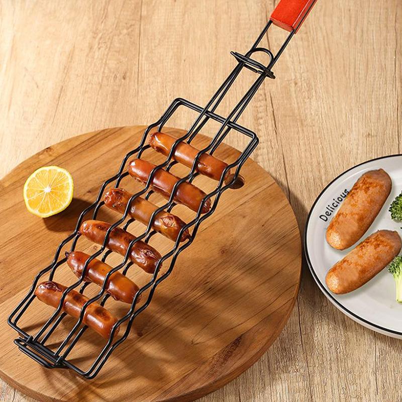Portable BBQ Hot Dog Sausage Grill Basket With Wooden Handle Removable Grill Cage For Garden Party Camping Use