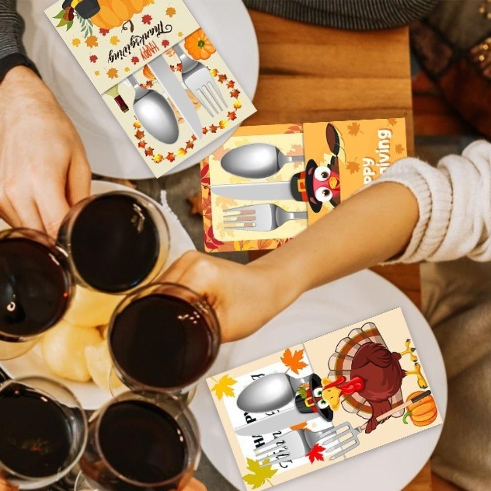 6pcs Turkey Maple Leaf Cutlery Storage Bags Autumn Theme Tableware Cover  Home Decor