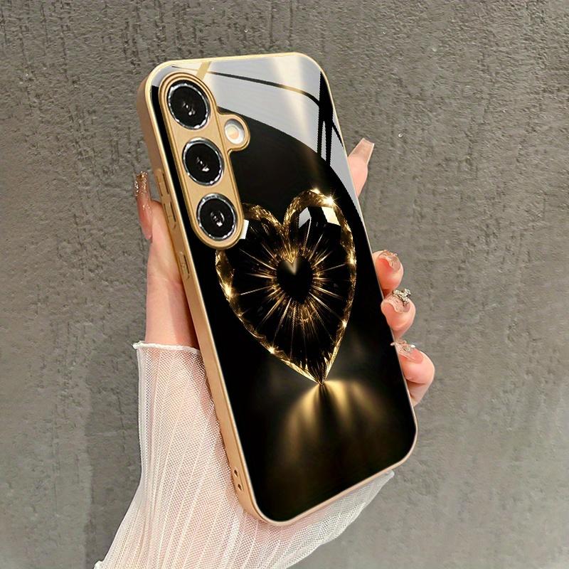 Black and Golden Heart Pattern Glass Phone Case for Galaxy Ultra S24 S24 FE S24 Ultra S25 S25 Ultra S25 Plus S25 Edge