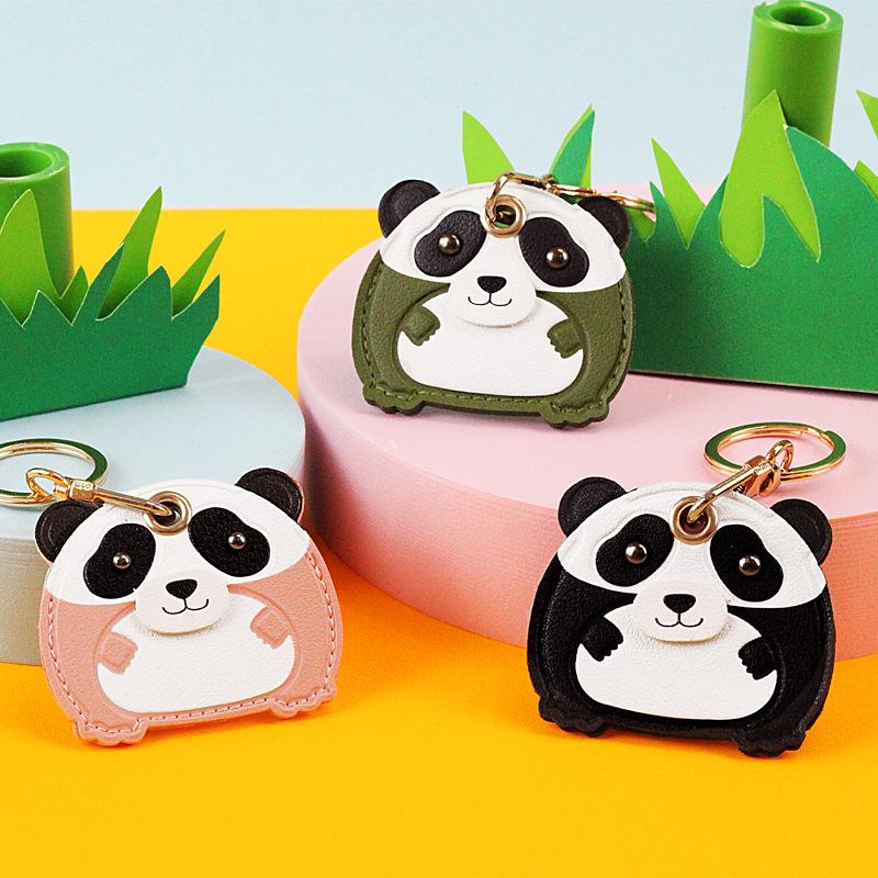 Panda Leather Keychain: Cute Access Card & AirTag Holder with Car Key Pendant and Bag Hanger