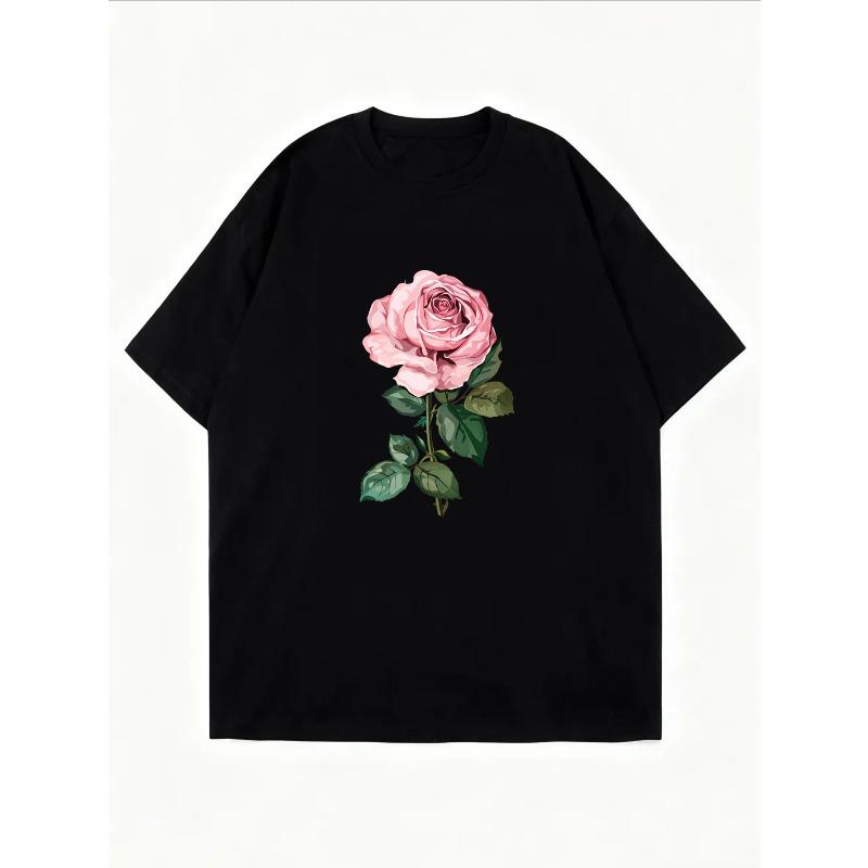 White T Shirt With Pink Rose Floral Print For Casual Wear