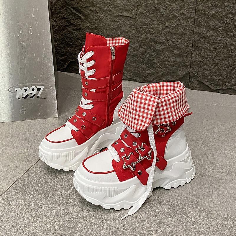 Wind locomotive boots thick-soled round head belt buckle solid color women's Martin boots
