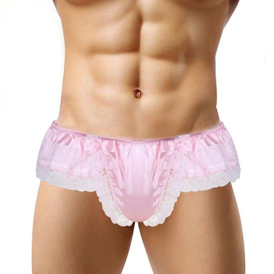Low Waist Elastic Waistline Bowknot Decor U Convex Men Briefs Sexy Sweet Crochet Lace Stitch Nightclub Panties