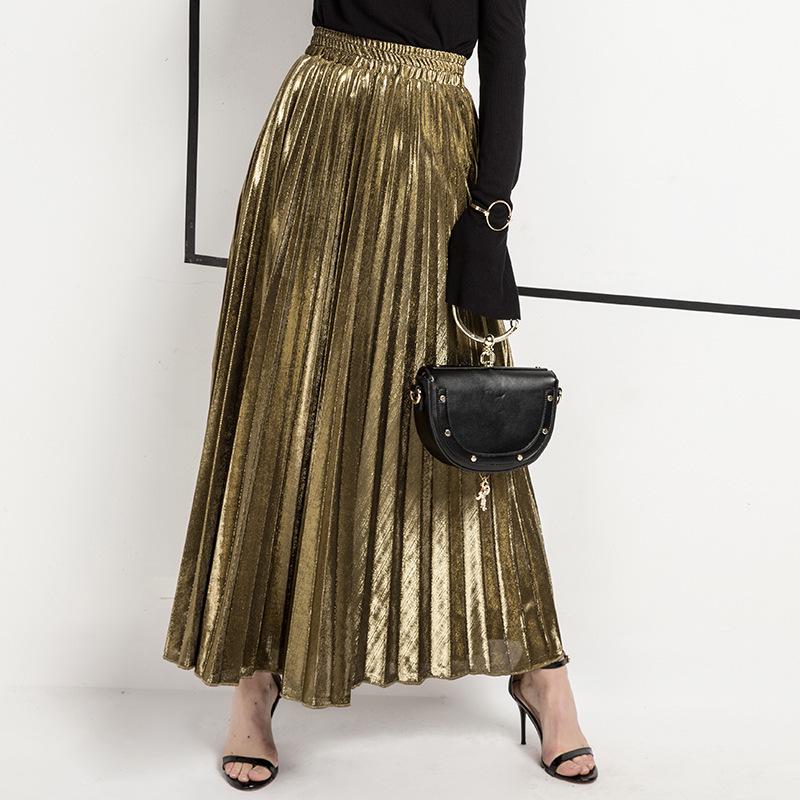 2020 Spring/Summer Pleated Midi Skirt: Plus Size High Waist Gold Beach Dress for Women
