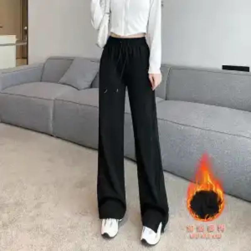 Women's Autumn and Winter Velvet Thickened High-waisted Design Loose Straight Floor-length Casual Slit Wide-leg Pants