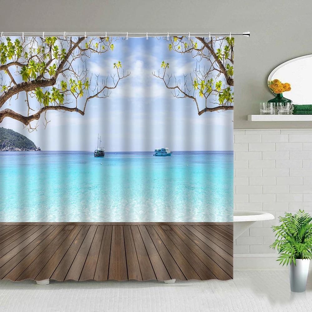 Palm Tree Ocean Scenery Shower Curtains Beach Sea Landscape Waterproof Polyester Fabric Bathroom Decor Bath Curtain with Hooks