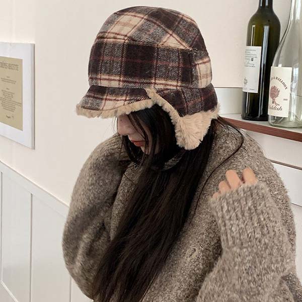 WTEMPO Retro Plaid Printed Women's Autumn Winter Retro Hats Solid Color Casual Versatile Warm Ear Protection Plush Inner Hats