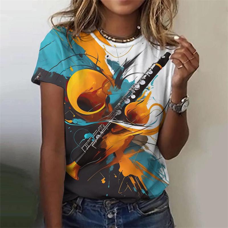 

Футболка с 3D-принтом и изображением музыкальных инструментов для женщин, футболки с рисунком саксофона и скрипки, летние повседневные футболки с короткими рукавами и круглым вырезом, свободные футболки 6XL