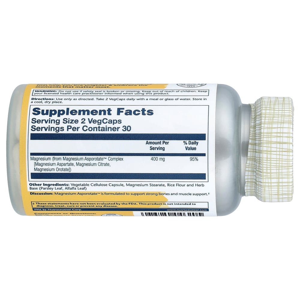 Solaray Magnesium Asporotate Veggie Caps, 400mg (200mg Elemental Magnesium per Capsule), 60 Count
