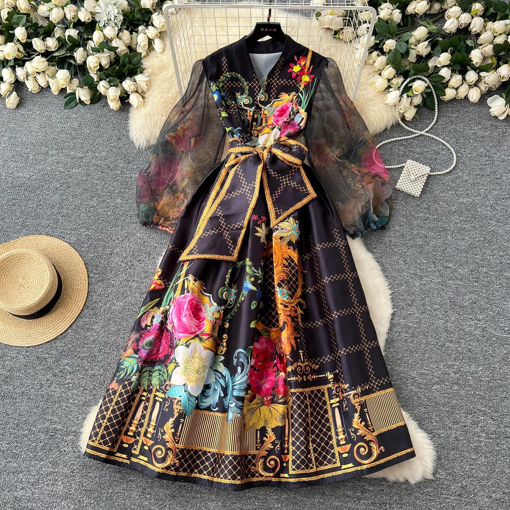 Spring France Elegant Vintage Palace Evening Dress Women Print Sashes Mesh Long Party Dress Female Casual Holiday Clothing New