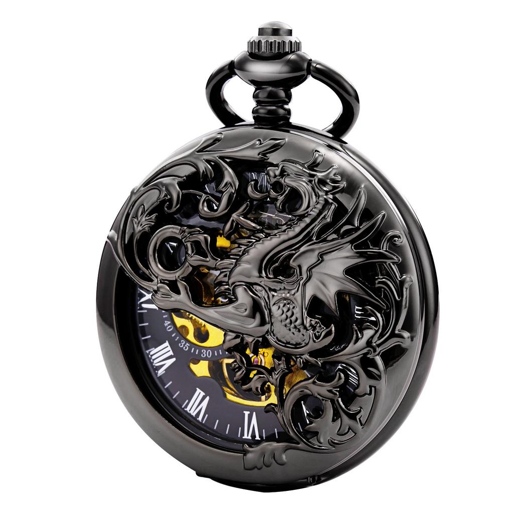 TREEWETO Mechanical Hand-Wound Pocket Watch with Double-Sided Lid, Dragon Openwork Skeleton Design, and Chain