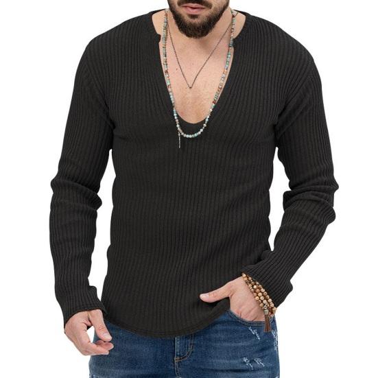 Men Fall Winter Sweater V Neck Slim Fit Long Sleeve Elastic Knitted