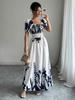 2025 summer European and American new bubble sleeves high waist waist printing women's large pendulum suspender dress
