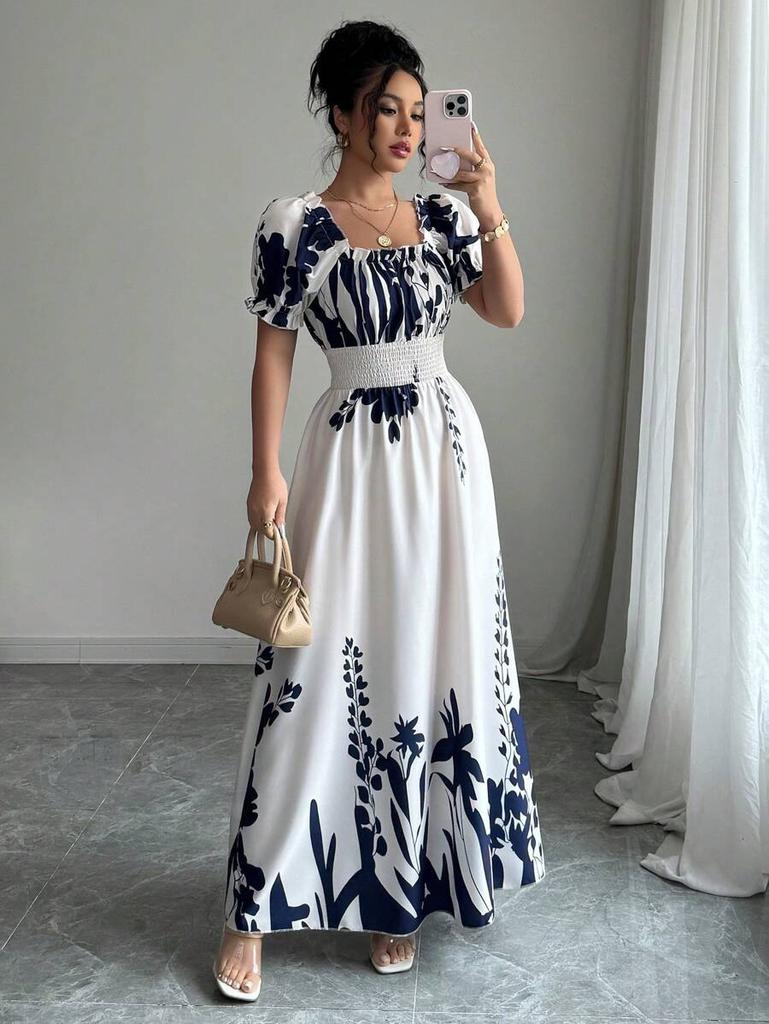 2025 summer European and American new bubble sleeves high waist waist printing women's large pendulum suspender dress