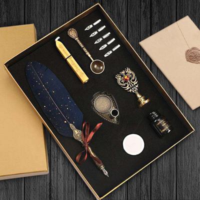 1 Set Retro Quill Pen Set with Lacquer Stick Handcrafted Vintage Glitter Design Feather Pen Kit for Students