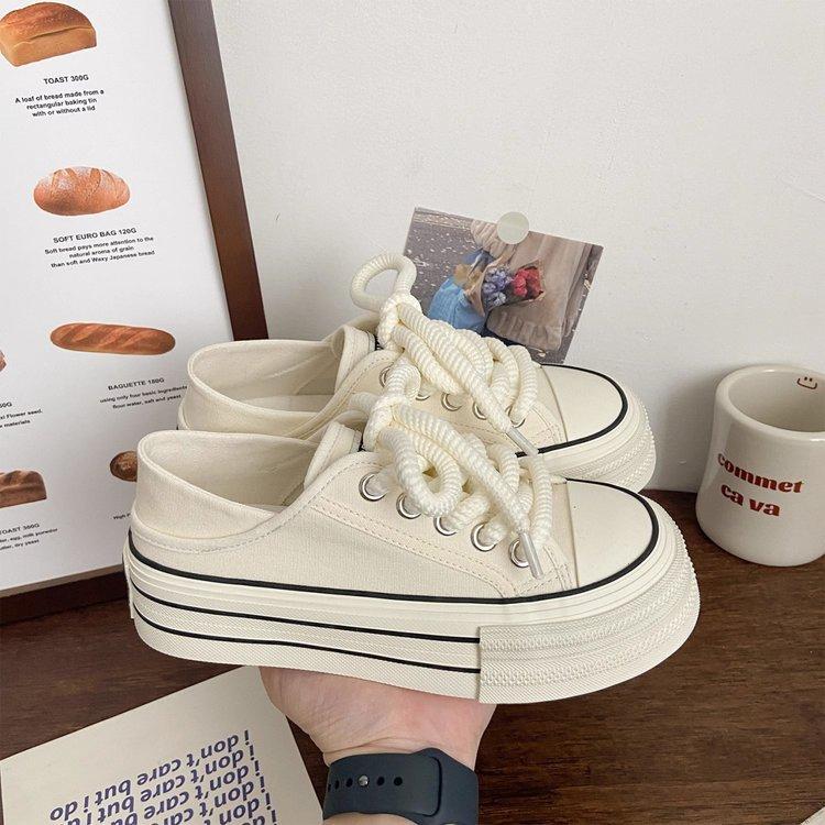 Chaussures en toile blanc laiteux deux-en-un plateforme été nouveau design de niche