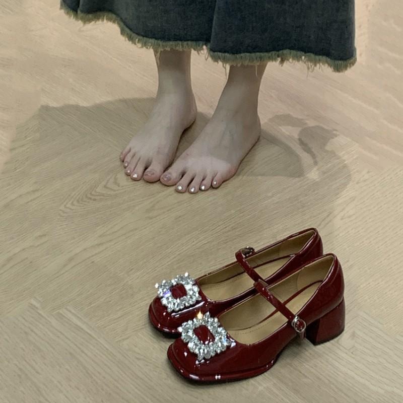 

Suding французские ретро туфли на высоком каблуке красные маленькие кожаные туфли туфли Мэри Джейн женские на толстом каблуке одинарные туфли свадебные туфли со стразами невеста бордовый 39 бордовый
