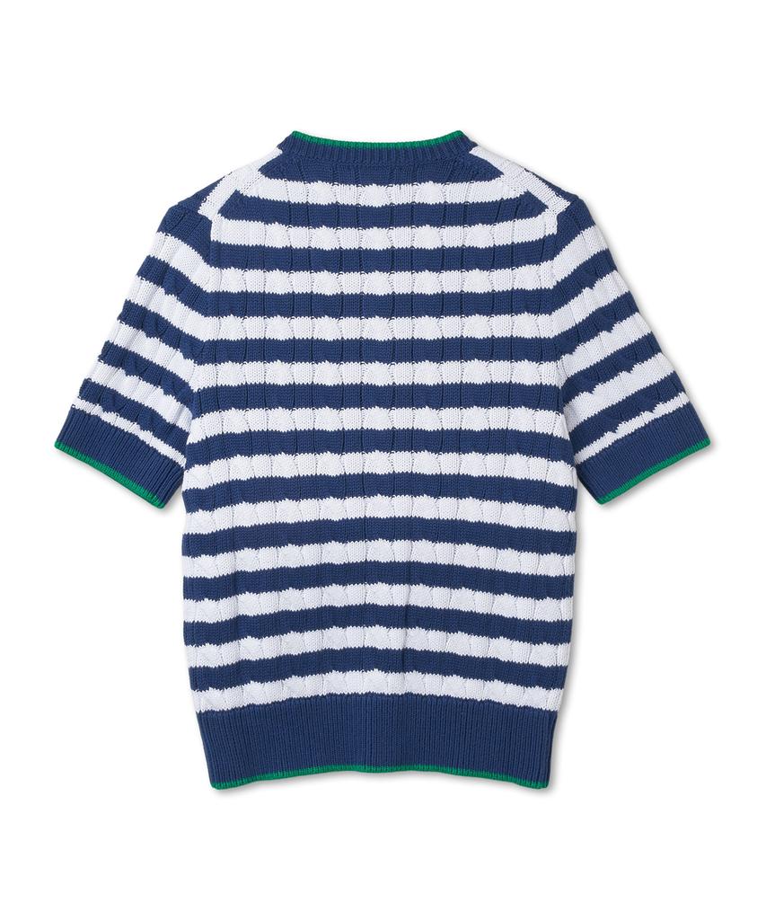 POLO RALPH LAUREN W Striped Cable Knit Short Sleeve Cotton Sweater - Blue Yacht/White
