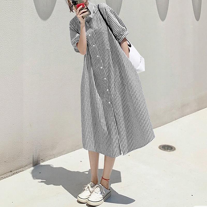 

ZANZEA Women Casual Turn Down Collar Summer Short Sleeve Stripe Shirt Dress S