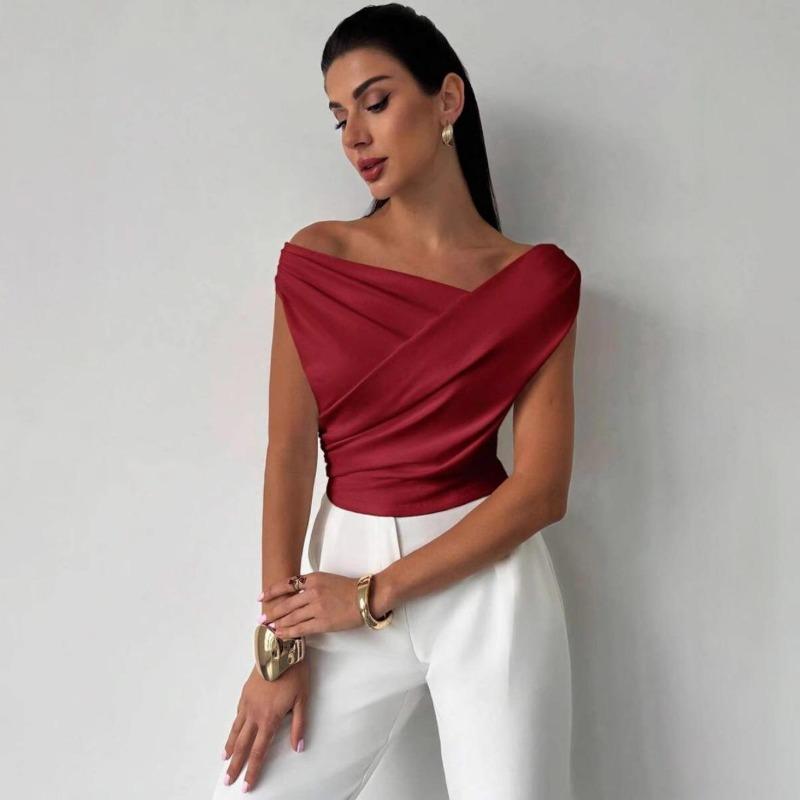 Camiseta sin mangas de color sólido para mujer, estilo simple, hombro caído, corte ajustado, top corto sin mangas