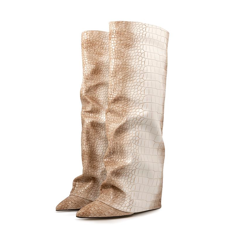 Krokodilmuster Damen High Boots Spitzschuh Leopardenmuster Keilschuhe Retro Schlupf-Muster Ärmel Kniehoch Plissee Stiefel