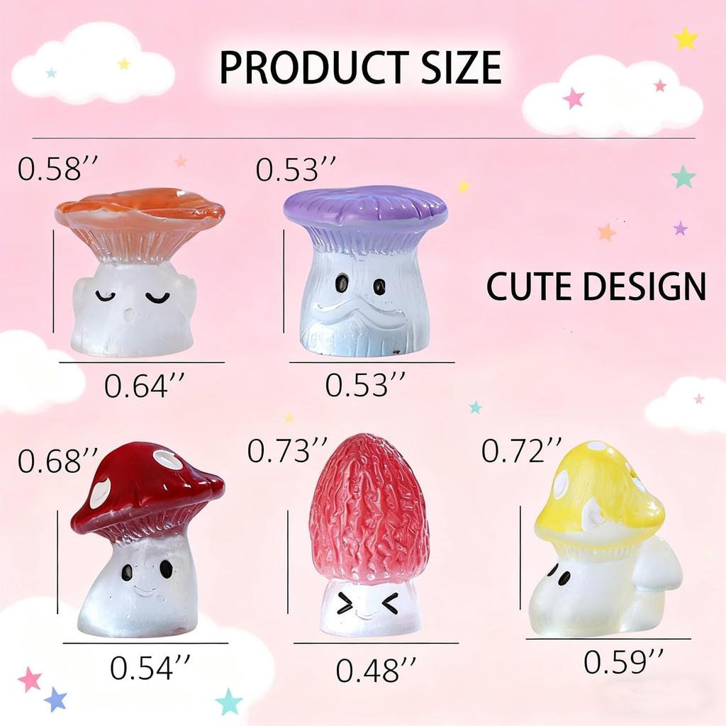 10Pcs Cute Glow in Dark Mini Mushroom Resin Figurines Car Interior Decoration Rearview Mirror Accessories Dashboard Ornament for Micro Landscape