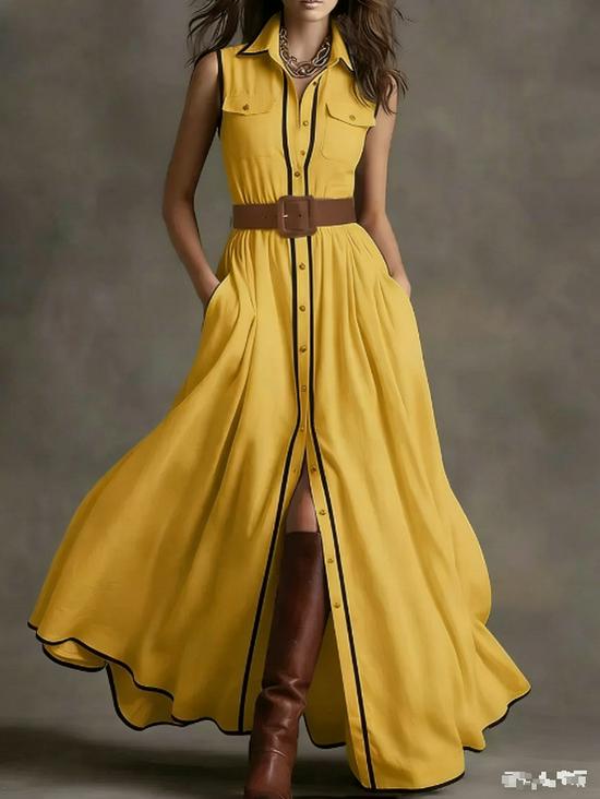 Retro Style Sleeveless Ruffled White Cotton-Linen Blend Long Dress M жёлтый