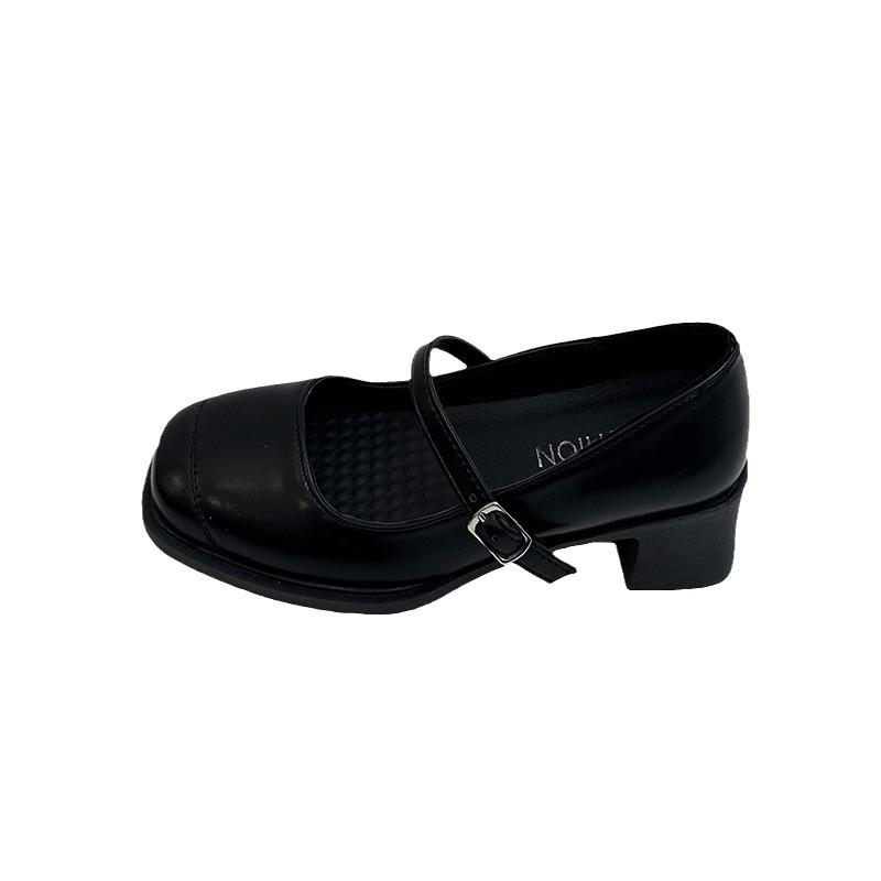 Soft leather with Mary Jane shoes women's thick heel black medium heel small leather shoes square head single shoes