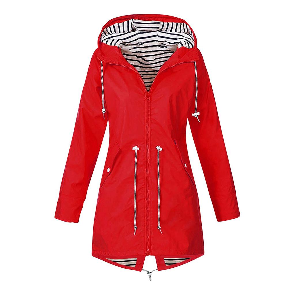 Women Solid Stripe Rain Jacket Outdoor Plus Waterproof Hooded Raincoat Windproof