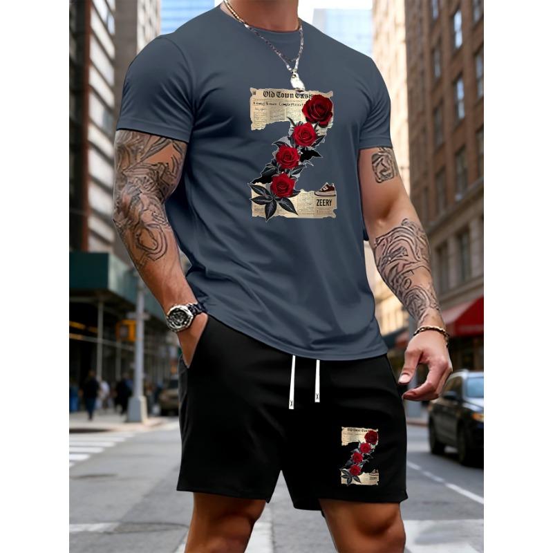 Men s Summer Rose Pattern Men s Versatile Shorts Set S